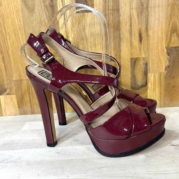 Pour le Victoire Burgundy Patent Leather Platform Strappy Heels 9 - Picture 4 of 12